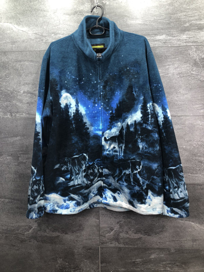 Pre-owned Vintage Retro Wolf Graphic Fleece Zip Up Sweatshirt Blue