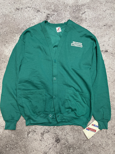 Pre-owned Jerzees Lehman Brothers Cardigan Vintage Usa 90's Sweatshirt In Green