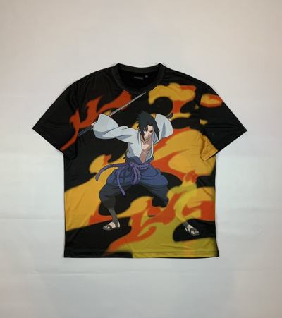 Pre-owned Anima Naruto Sasuke Uchiha Aop Anime T-shirt In Black/orange