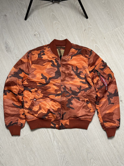 Pre-owned Alpha Industries Y2k Bomber  Orange Camo Military Jacket