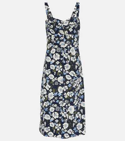 Veronica Beard Colleen Floral Linen-blend Midi Dress In Navy