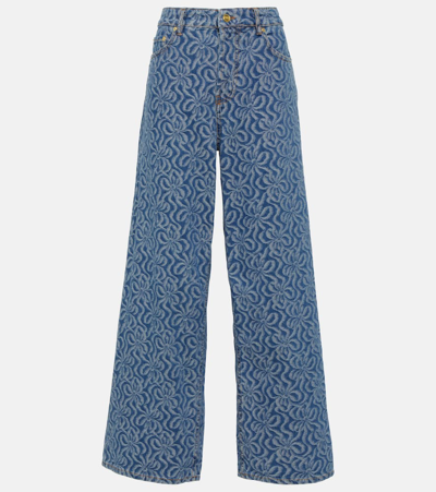 Ganni Mid-rise Jacquard Wide-leg Jeans In Mid Blue Stone