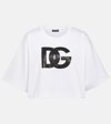 Dolce & Gabbana White Cotton Cropped T-shirt With Drop Shoulder And Logo Print For Women In White