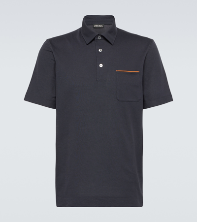 Zegna Cotton Piquet Short Sleeve Polo In Blue