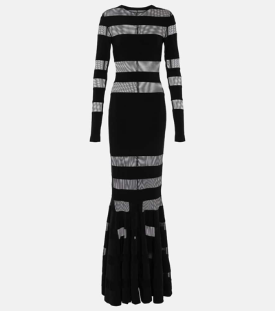 Norma Kamali Spliced Fishtail Gown In Black And Black Mesh