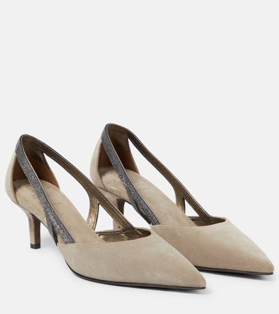 Brunello Cucinelli Embellished Suede Slingback Pumps In Beige