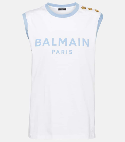 Balmain Logo Tank Top In Blanc/blue Pâle