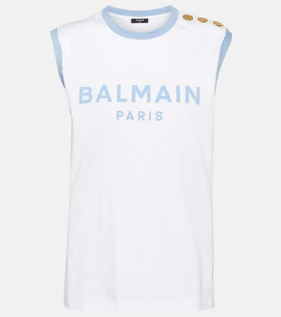 Balmain Tank Top With Shoulder Buttons And Contrast Trim In White