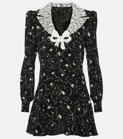 Alessandra Rich Floral Silk And Lace Minidress In Black