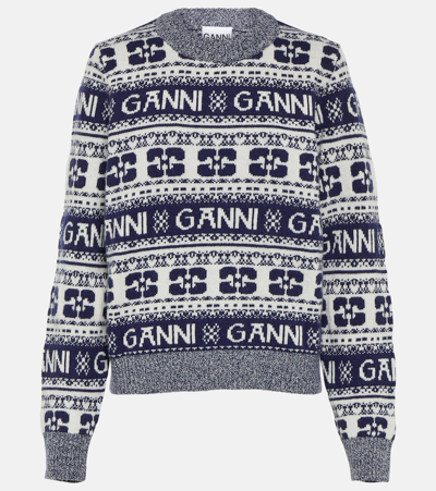 Ganni Blue Logo-print Wool Sweater In Multi-colored