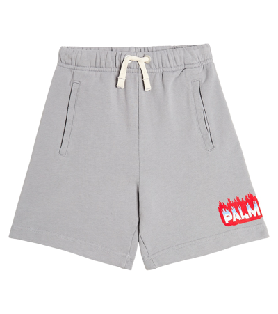 Palm Angels Kids' Flames Logo-print Cotton Shorts In Grey