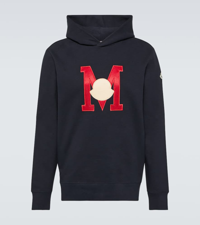 Moncler Embroidered-logo Cotton Hoodie In Blue