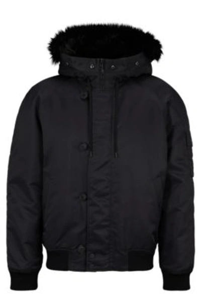 Hugo Water-repellent Padded Jacket With Faux-fur Hood Lining In Black