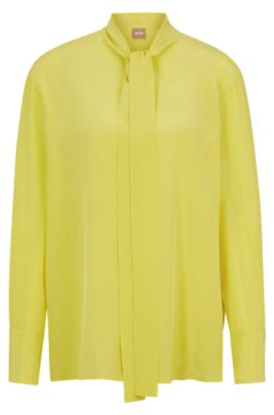 Hugo Boss Relaxed-fit Blouse In Washed Silk With Tie Collar In Yellow