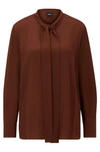 Hugo Boss Relaxed-fit Blouse In Washed Silk With Tie Collar In Brown
