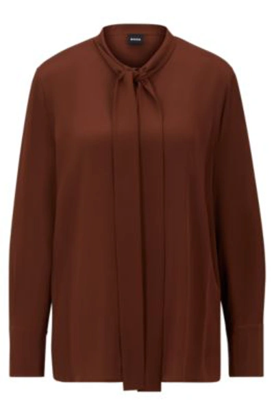 Hugo Boss Relaxed-fit Blouse In Washed Silk With Tie Collar In Brown