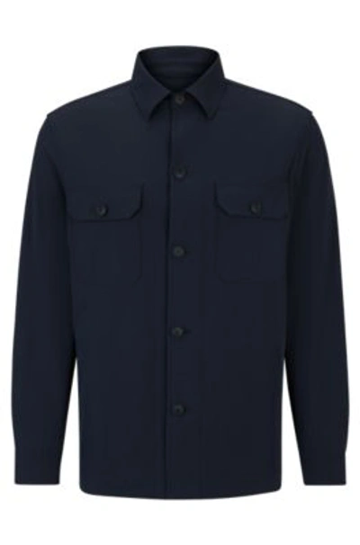Hugo Boss Relaxed-fit Button-up Overshirt In Stretch Material In Dark Blue