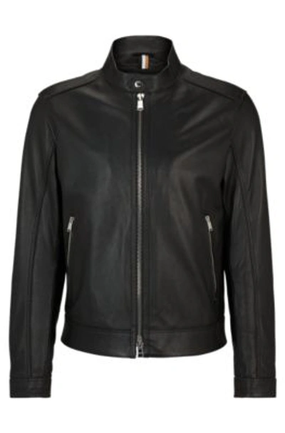 Hugo Boss Regular-fit Jacket In Grained Leather In Black