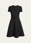 VALENTINO TONAL BOW WAIST CREPE COUTURE FLARE WOOL DRESS