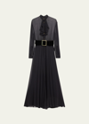 SERGIO HUDSON SHEER BELTED MAXI DRESS WITH RUFFLE TOP