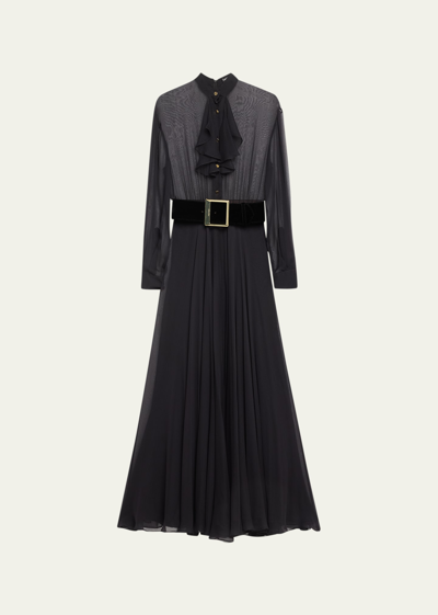 Sergio Hudson Sheer Belted Maxi Dress With Ruffle Top In Black