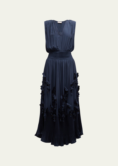 Ramy Brook Jacqueline Pleated Floral Applique Midi Dress In Navy