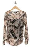 Dkny Print Long Sleeve Mesh Top In Ivory/ Gold Sand Multi