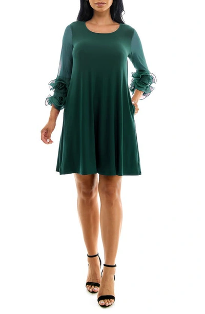 Nina Leonard Ruffle Mesh Sleeve Dress In Evergreen