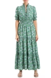 Max Studio Floral Short Sleeve Tiered Maxi Dress In Green Pinecone