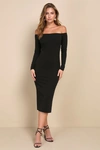Lulus Exquisite Event Black Off-the-shoulder Long Sleeve Midi Dress In Black
