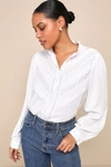 LULUS SWEETHEART THEME IVORY RUFFLED EMBROIDERED BUTTON-UP TOP