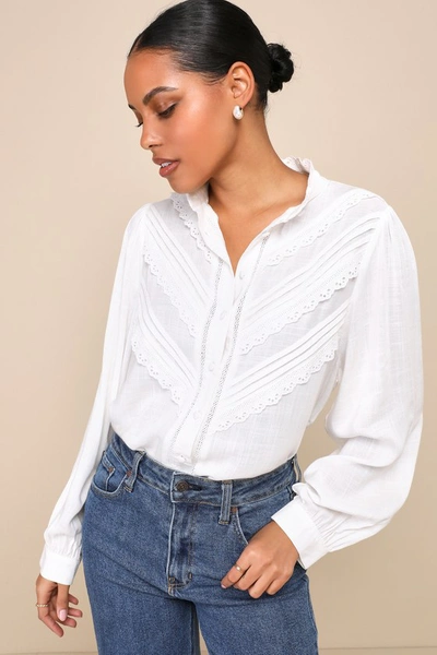 Lulus Sweetheart Theme Ivory Ruffled Embroidered Button-up Top