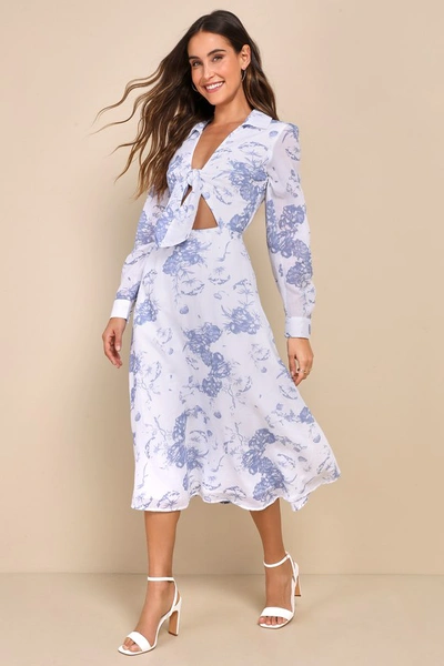 Lulus Lovely Adoration White Floral Print Tie-front Midi Dress