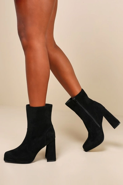Lulus Karrie Black Suede Square Toe High Heel Ankle Boots