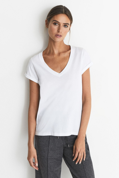 Reiss Luana - White Cotton-jersey V-neck T-shirt, M
