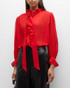 Frame Ruffle Silk Shirt In Cherry Red