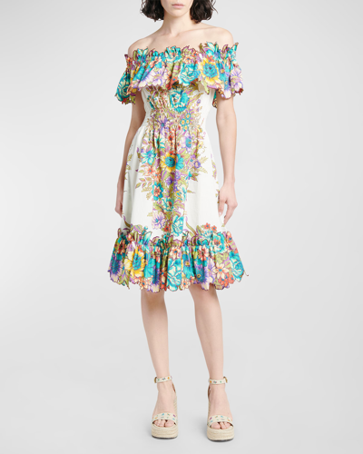 Etro Blouquet Floral-print Ruffle Off-the-shoulder Dress In Print On White Ba