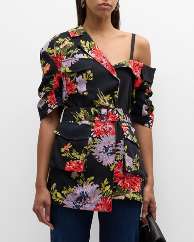 Cinq À Sept Katie Chrysanthemum-print Asymmetric Crepe Jacket In Black Multi