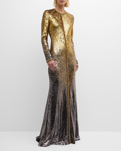 Naeem Khan Ombre Sequin Gown In Gold Silver