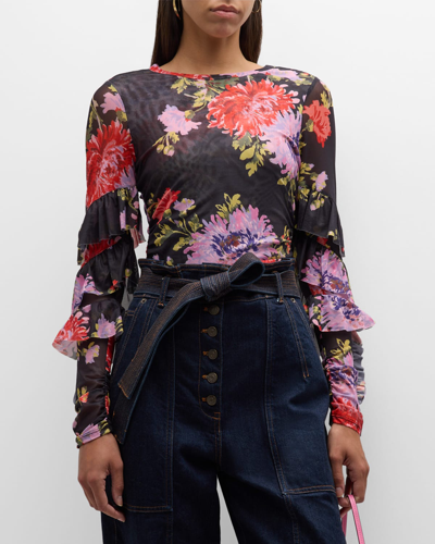 Cinq À Sept Elle Floral-print Ruffle-sleeve Shirred Top In Black Multi