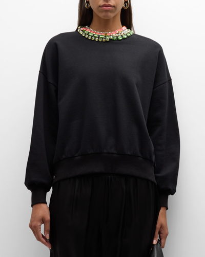 Cinq À Sept Brandy Chunky Rhinestone Crew Sweatshirt In Black Coral Multi