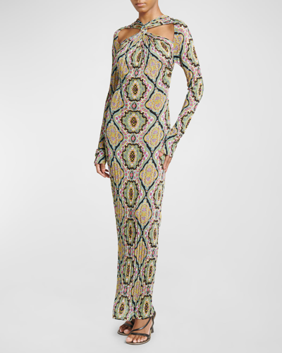 Etro Twisted Cutout Medallion-print Long-sleeve Rib Knit Maxi Dress In Print On Black Ba