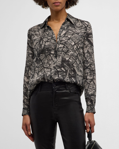 L Agence Nina Paris Button-front Silk Blouse In Blackecru Map Of
