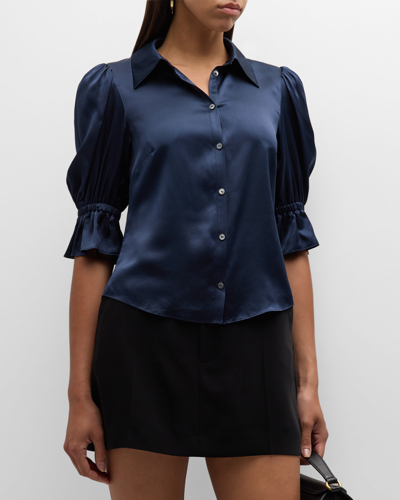 Cinq À Sept Fiona Silk Satin Short-sleeve Top In Navy