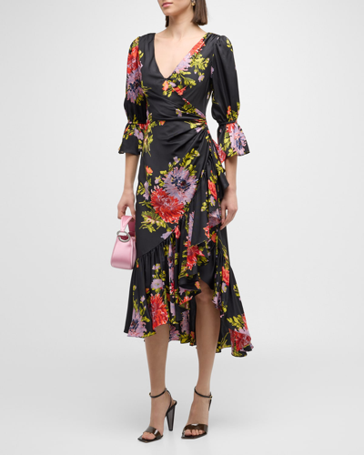Cinq À Sept Theda Chrysanthemum-print Faux-wrap Midi Dress In Black Multi