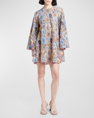 Etro Embroidered Floral Lace Bell-sleeve Mini Dress In Print On Purple B