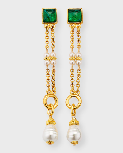 Ben-amun Emerald Glass And Pearly Drop Earrings In Gold
