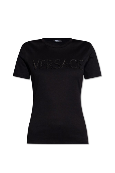 Versace Logo Embellished Crewneck T In Black