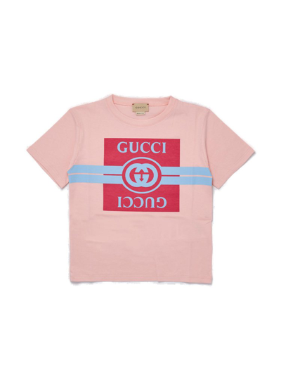 Gucci Kids' Logo印花棉质针织t恤 In Pink