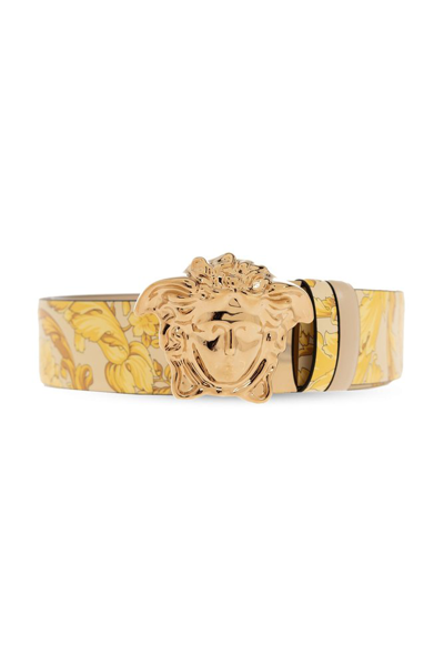 Versace Barocco Reversible Leather Belt In Champagne